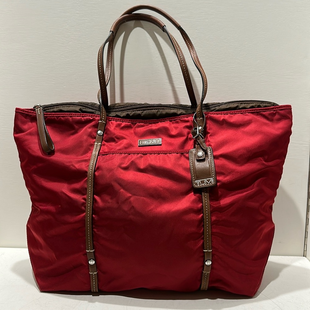TUMI “Voyageur” Red Nylon/ Brown Leather Trim Travel/ Work Tote Bag